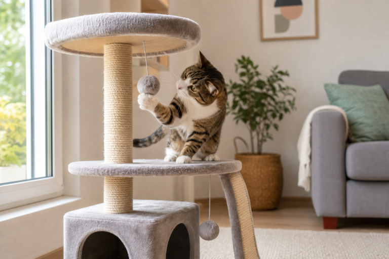 arbre à chat avec jouets - illustration MonChatJoue