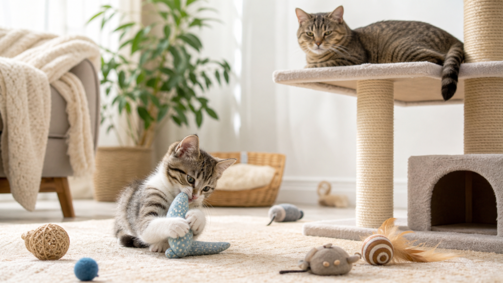chaton trop joueur jouets - illustration MonChatJoue