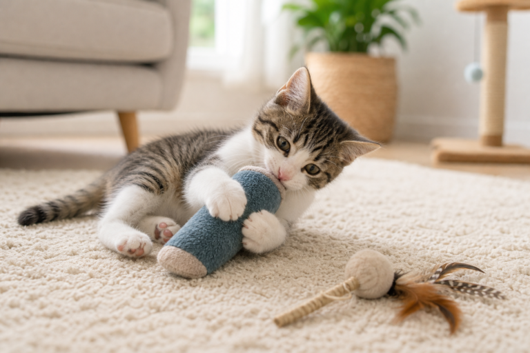 chaton qui mord jouets - illustration MonChatJoue