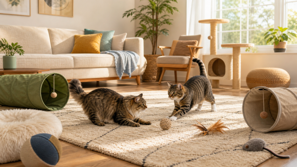deux chats jeu ou bagarre - illustration MonChatJoue