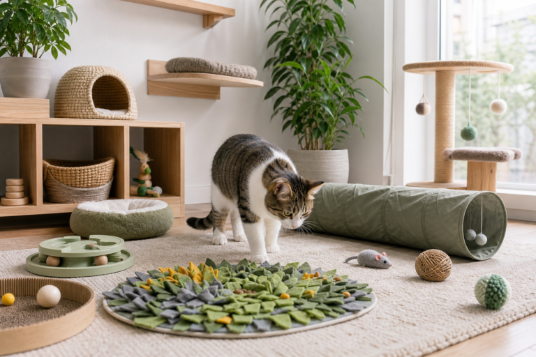 enrichissement chat intérieur - illustration MonChatJoue