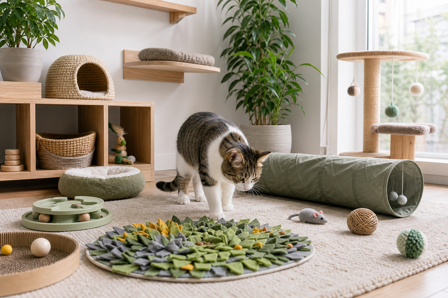 enrichissement chat intérieur - illustration MonChatJoue
