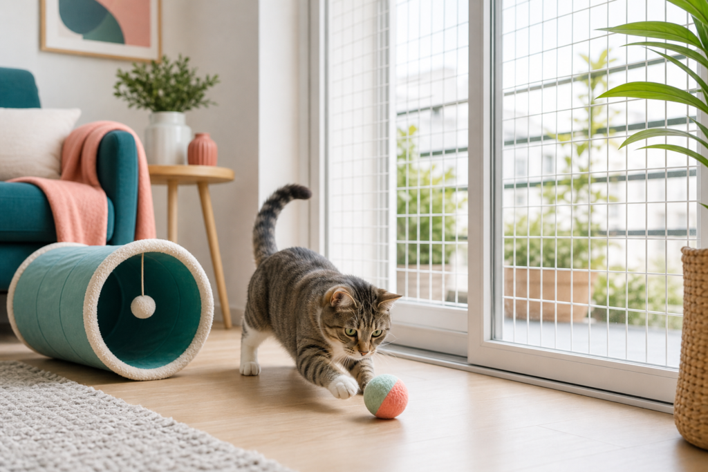 jouets chat balcon sécurisé - illustration MonChatJoue