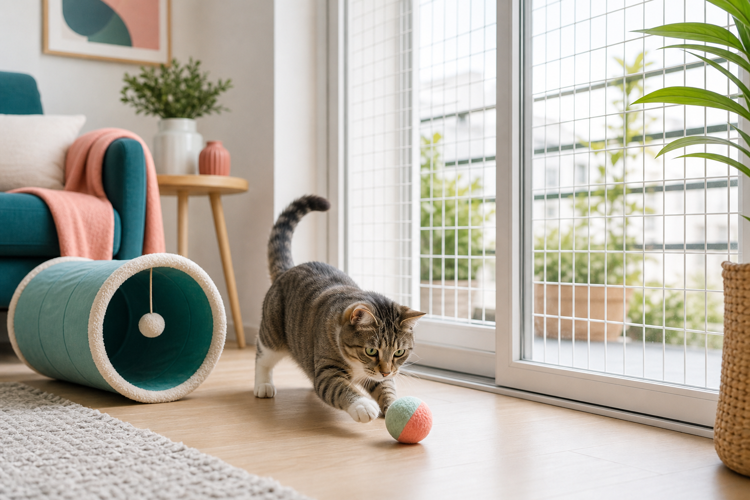 jouets chat balcon sécurisé - illustration MonChatJoue