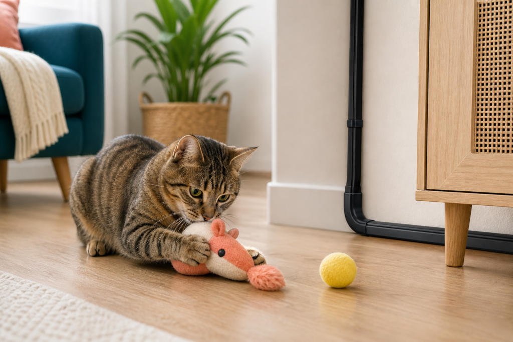 chat qui mord les câbles jouets - illustration MonChatJoue