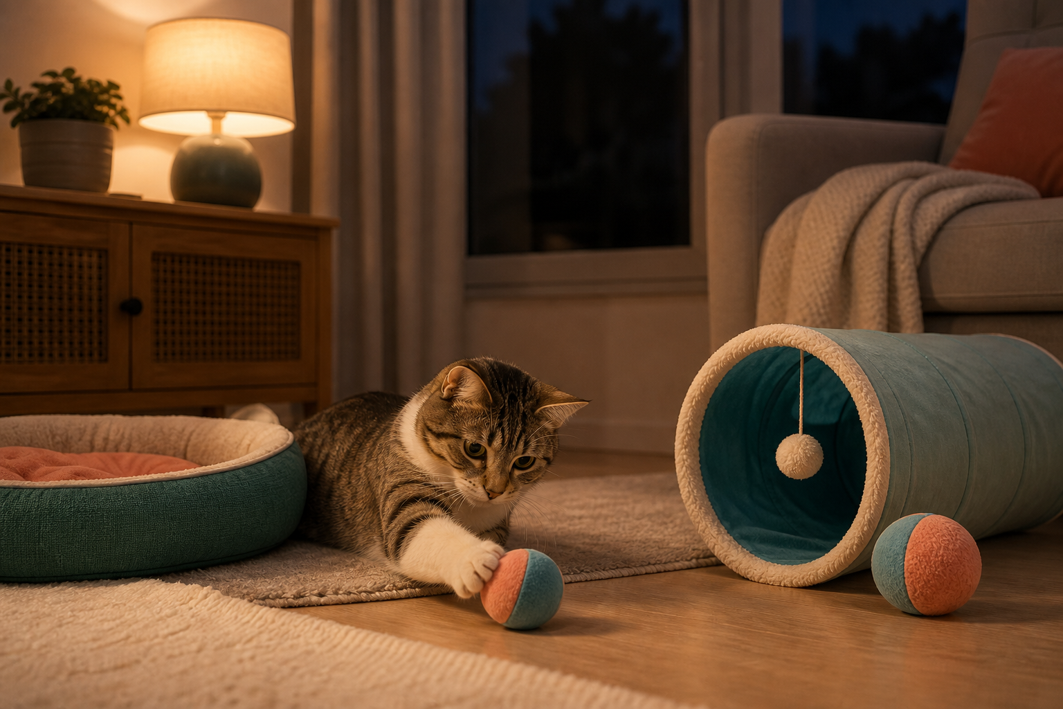 chat qui réveille la nuit jouets - illustration MonChatJoue