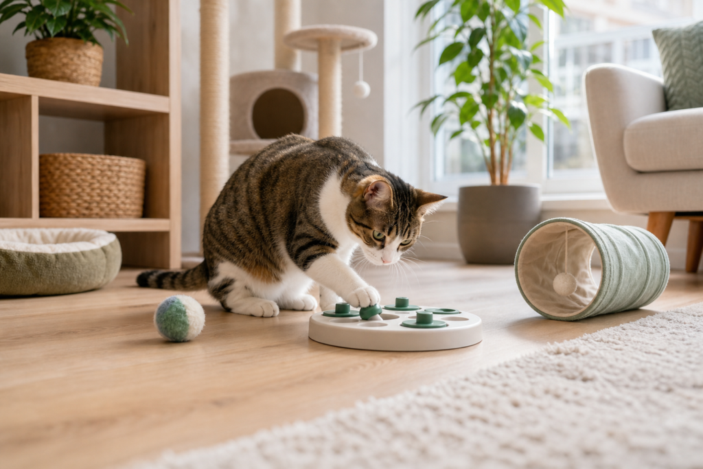 jouets pour chat seul la journée - illustration MonChatJoue