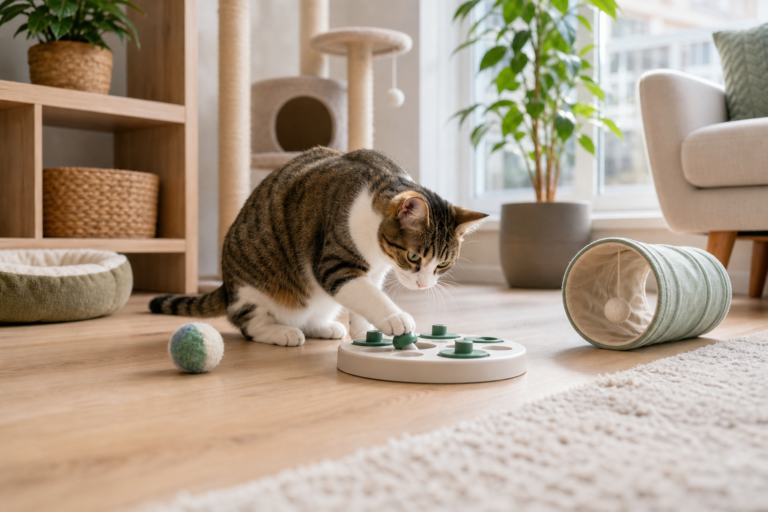 jouets pour chat seul la journée - illustration MonChatJoue