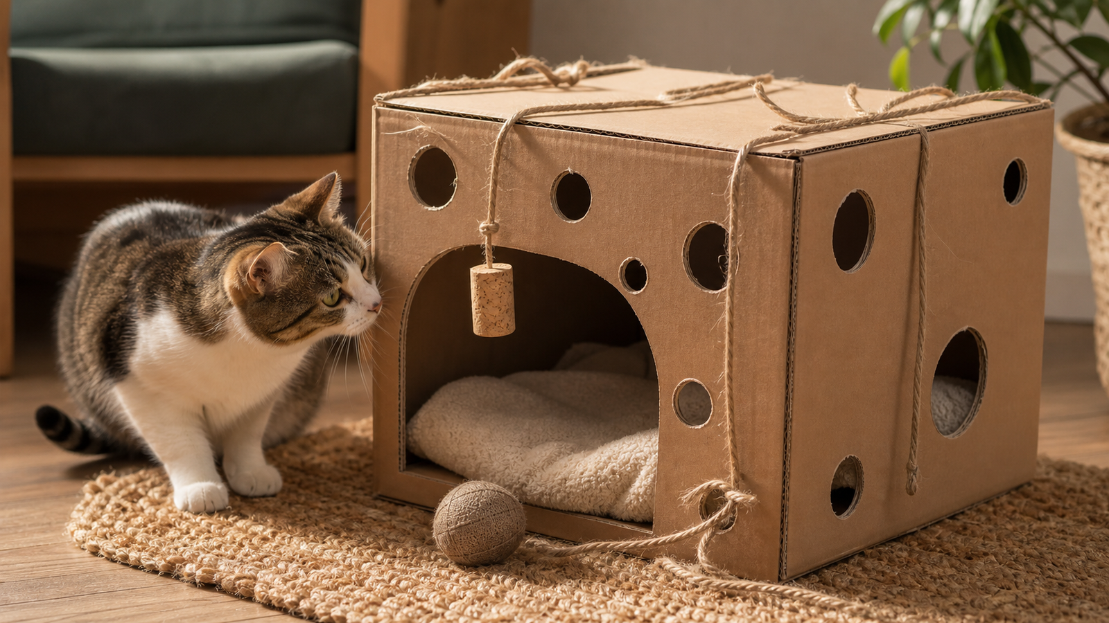 jouets maison carton ficelle chat - illustration MonChatJoue