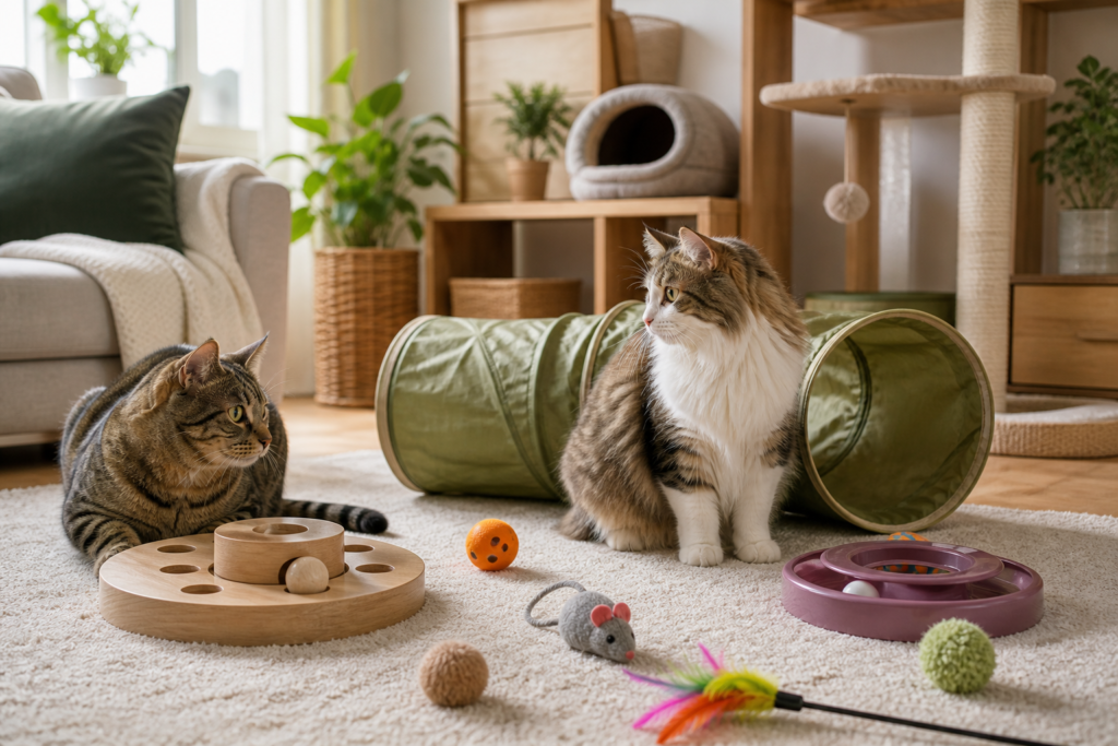 jouets plusieurs chats - illustration MonChatJoue