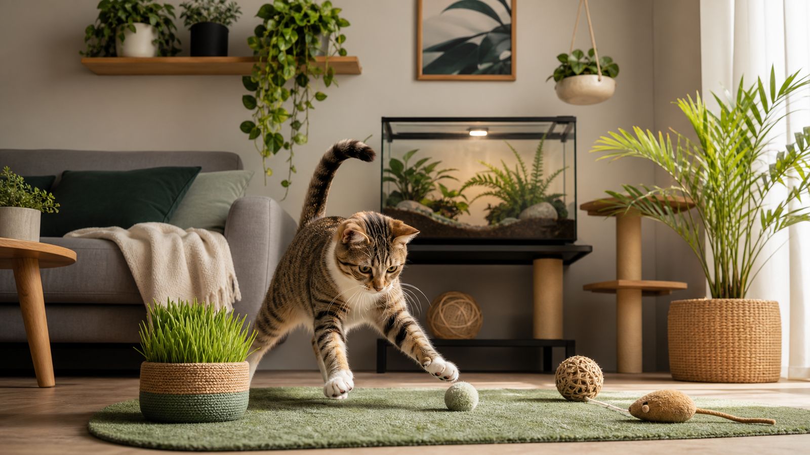 plantes chat joueur appartement - illustration MonChatJoue