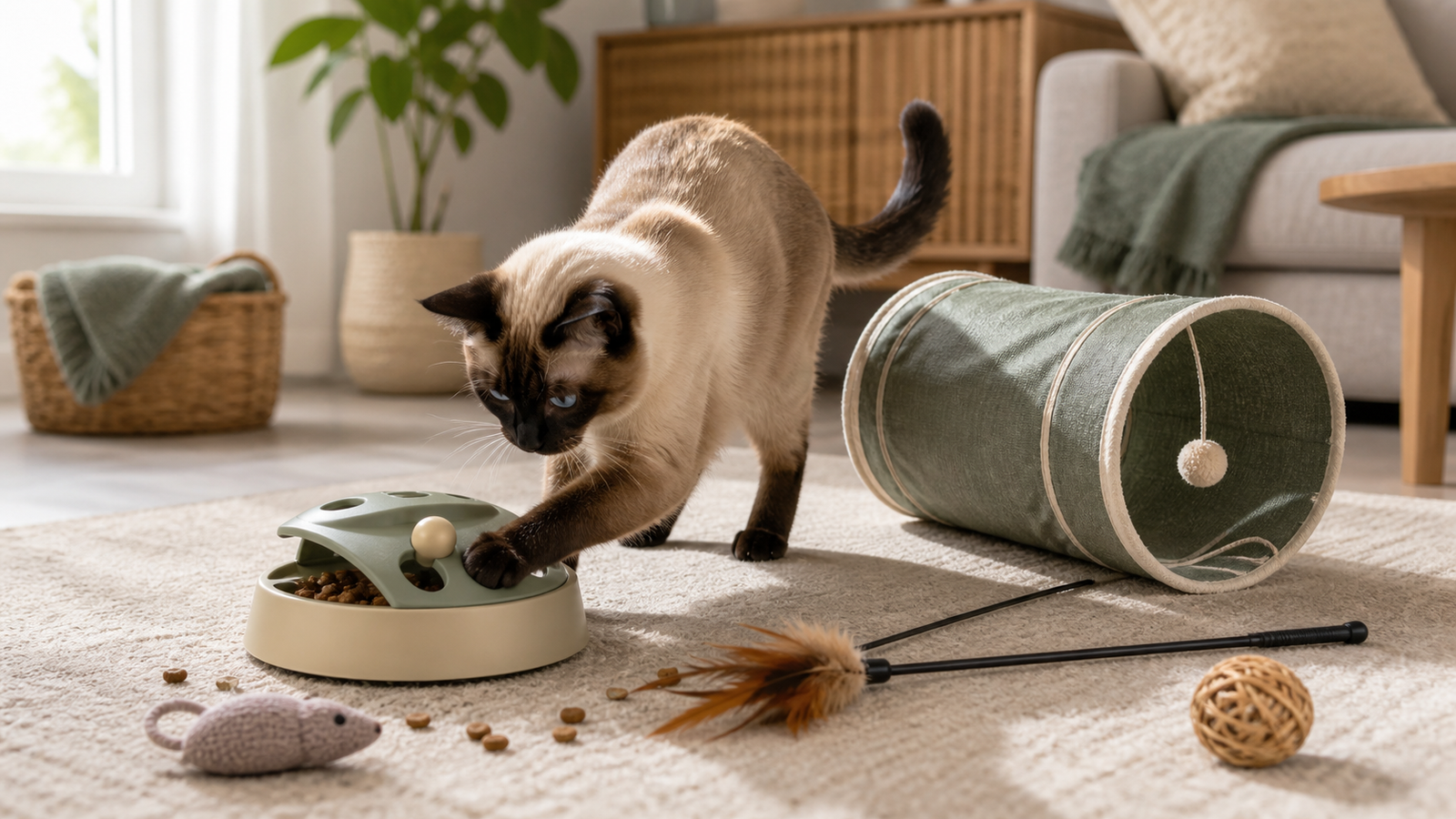 siamois chat joueur jouets - illustration MonChatJoue